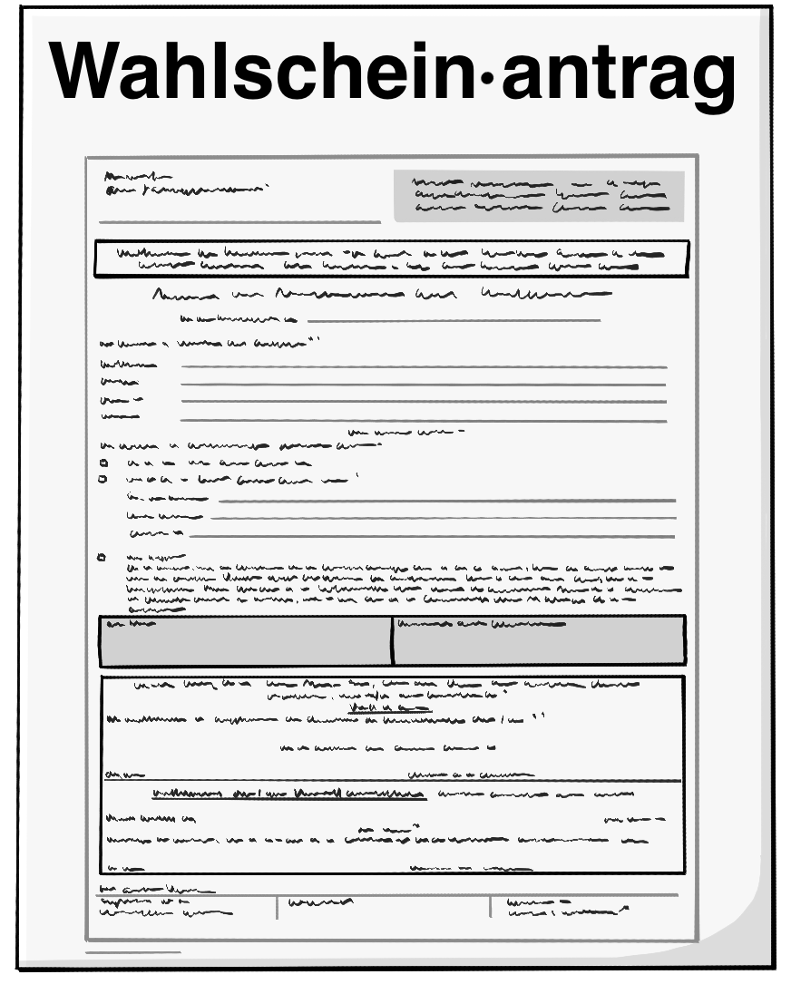 Ein Blatt Papier mit der Aufschrift: Wahl·schein-Antrag und nicht lesbarem Text.