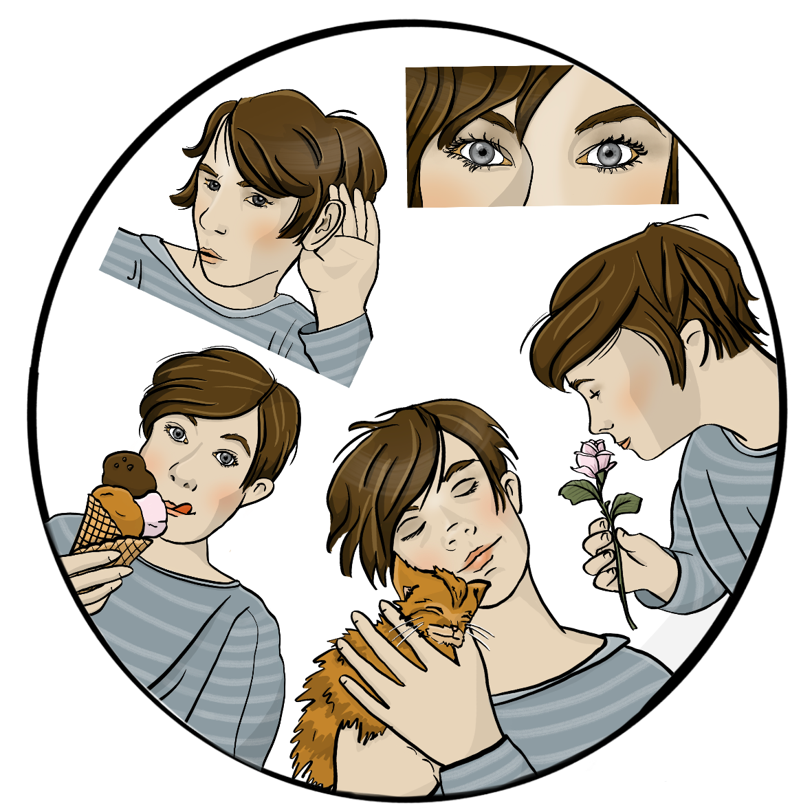 Ein Kreis mit fünf Einzelbildern von jeweils der gleichen Frau: Auf dem ersten Bild sind nur die Augen abgebildet. Auf dem zweiten Bild riecht die Frau an einer Rose. Auf dem dritten Bild kuschelt sie mit einer Katze. Auf dem vierten Bild leckt sie an einem Eis und auf dem fünften Bild hält sie eine Hand hinters Ohr.