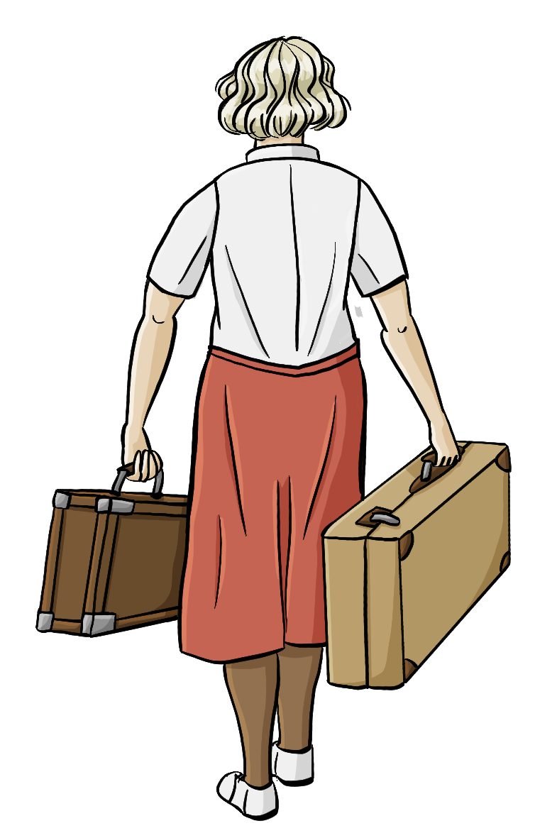 Eine Frau von hinten. Sie trägt zwei Koffer.