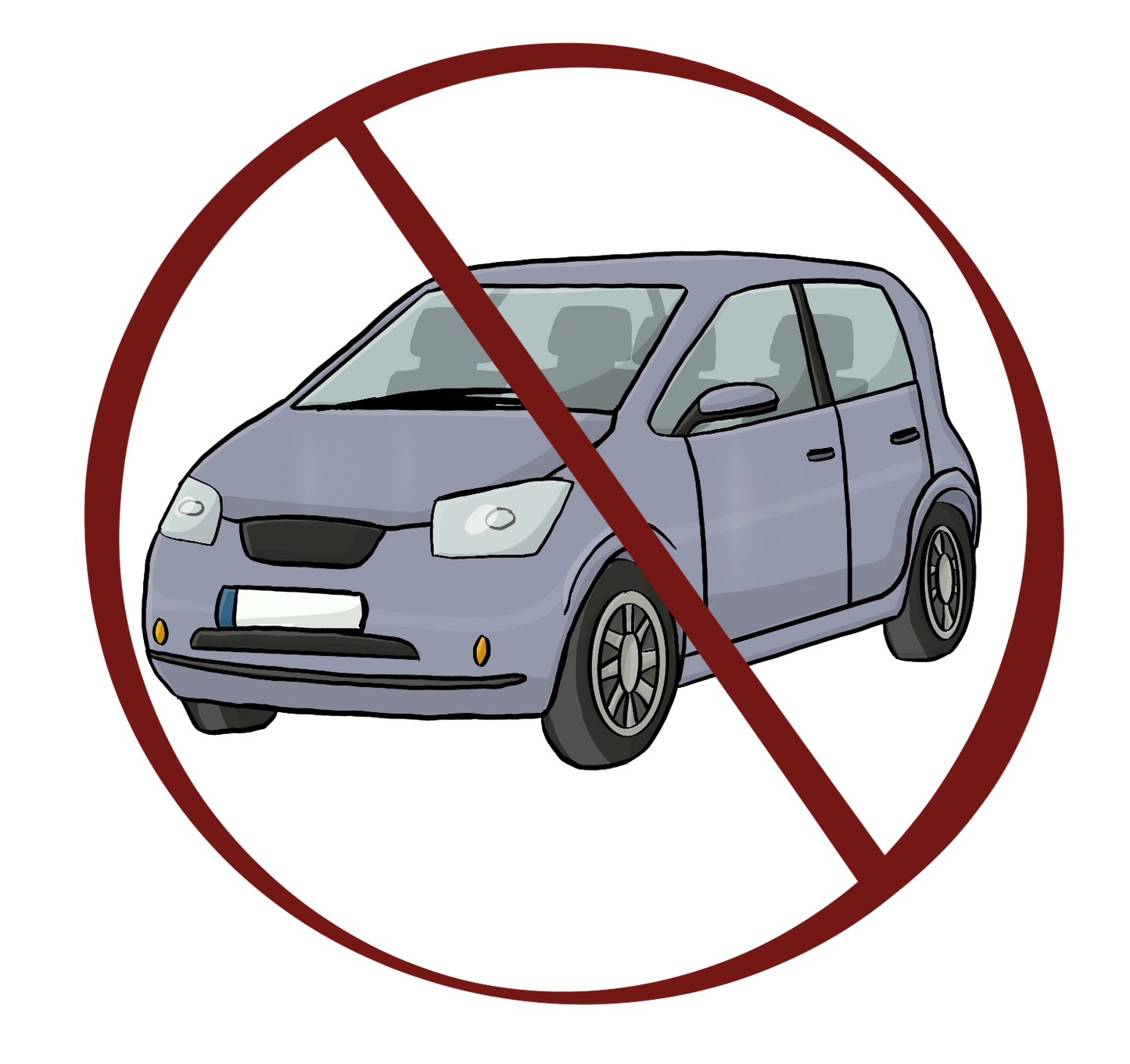 Ein blauer Kleinwagen in einem durchgestrichenen roten Kreis.