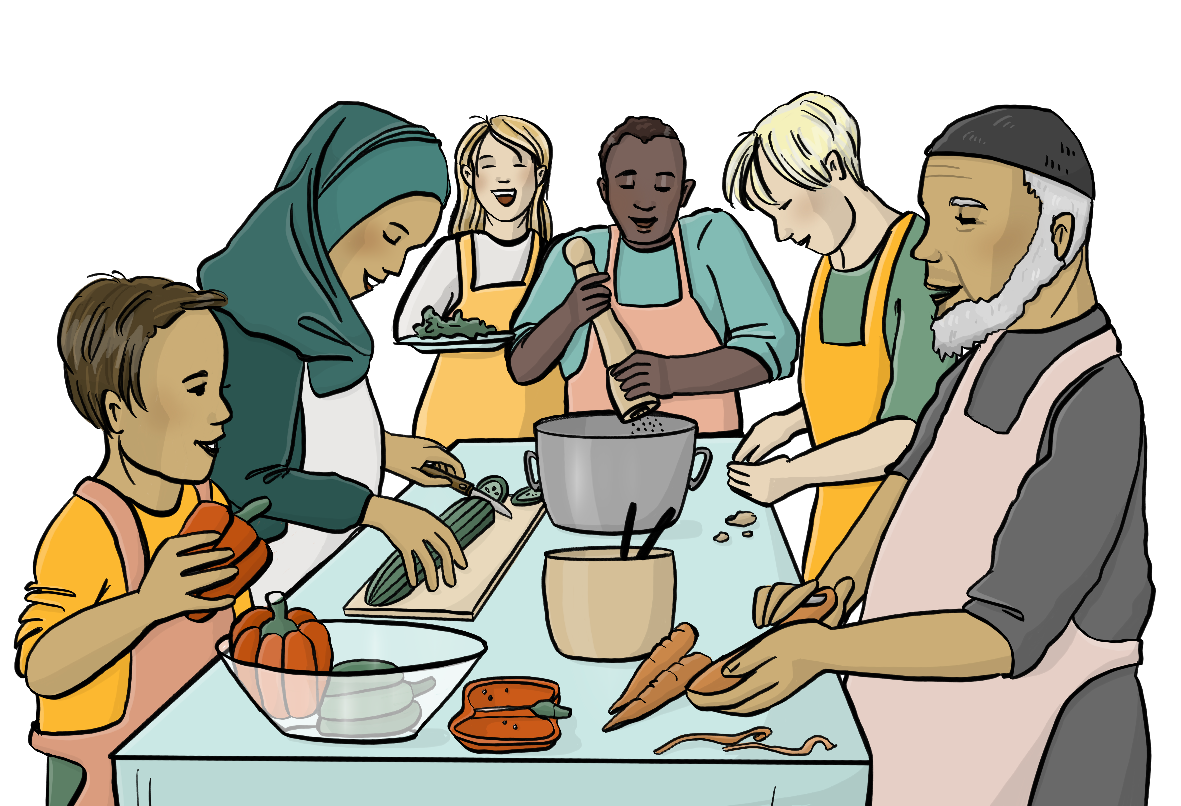 Menschen mit verschiedenen Hautfarben stehen um einen Tisch herum und schneiden Gemüse. Auf dem Tisch stehen Schüsseln und Töpfe. Ein Mann hält eine Pfeffermühle über einen Topf. Alle sehen fröhlich aus.