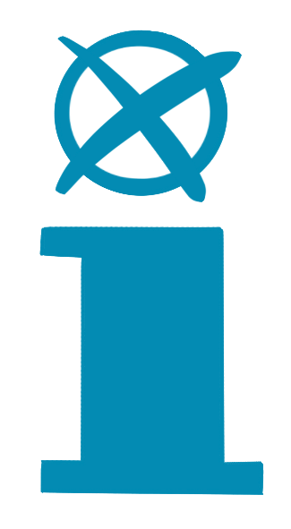 Der Buchstabe i in blau. Der I-Punkt ist ein angekreuzter Kreis.