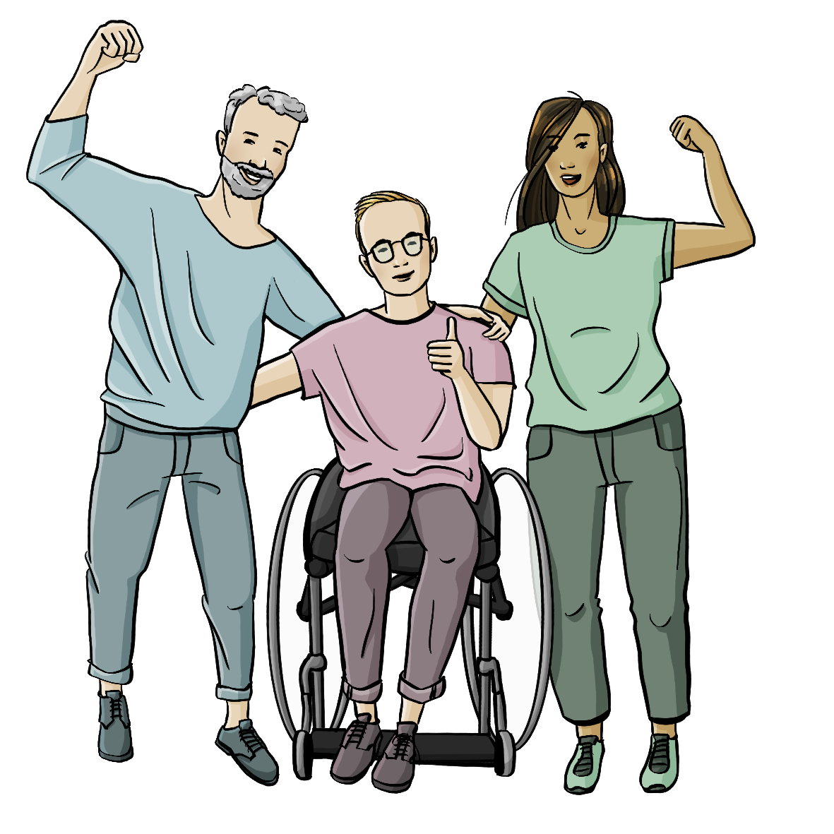 Zwei Männer und eine Frau haben die Arme umeinander gelegt. Der Mann in der Mitte sitzt im Rollstuhl und zeigt einen erhobenen Daumen. Der andere Mann und die Frau haben den äußeren Arm angewinkelt erhoben und machen eine Faust.