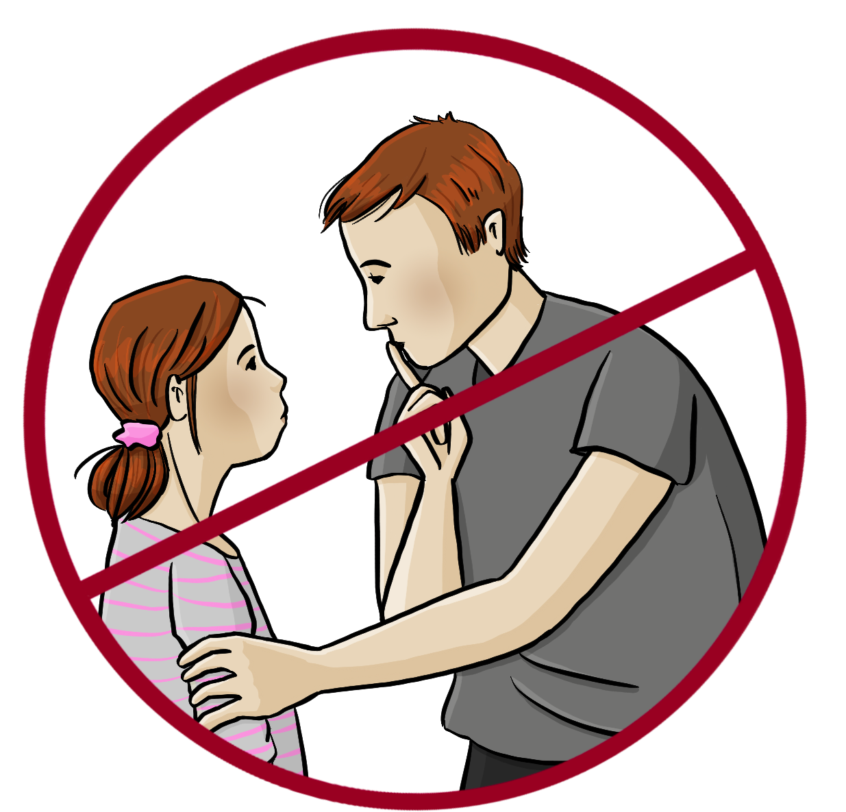 Ein Mann steht vor einem Mädchen. Er hält ihren Arm fest und hat den Finger auf die Lippen gelegt. Das Bild ist durchgestrichen.