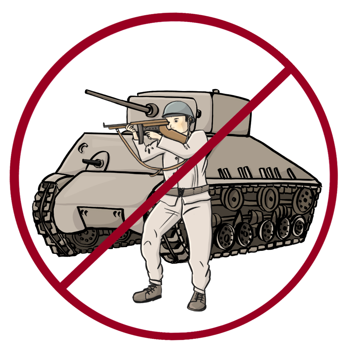 Ein Soldat mit Gewehr steht vor einem Panzer. Das Bild ist durchgestrichen.