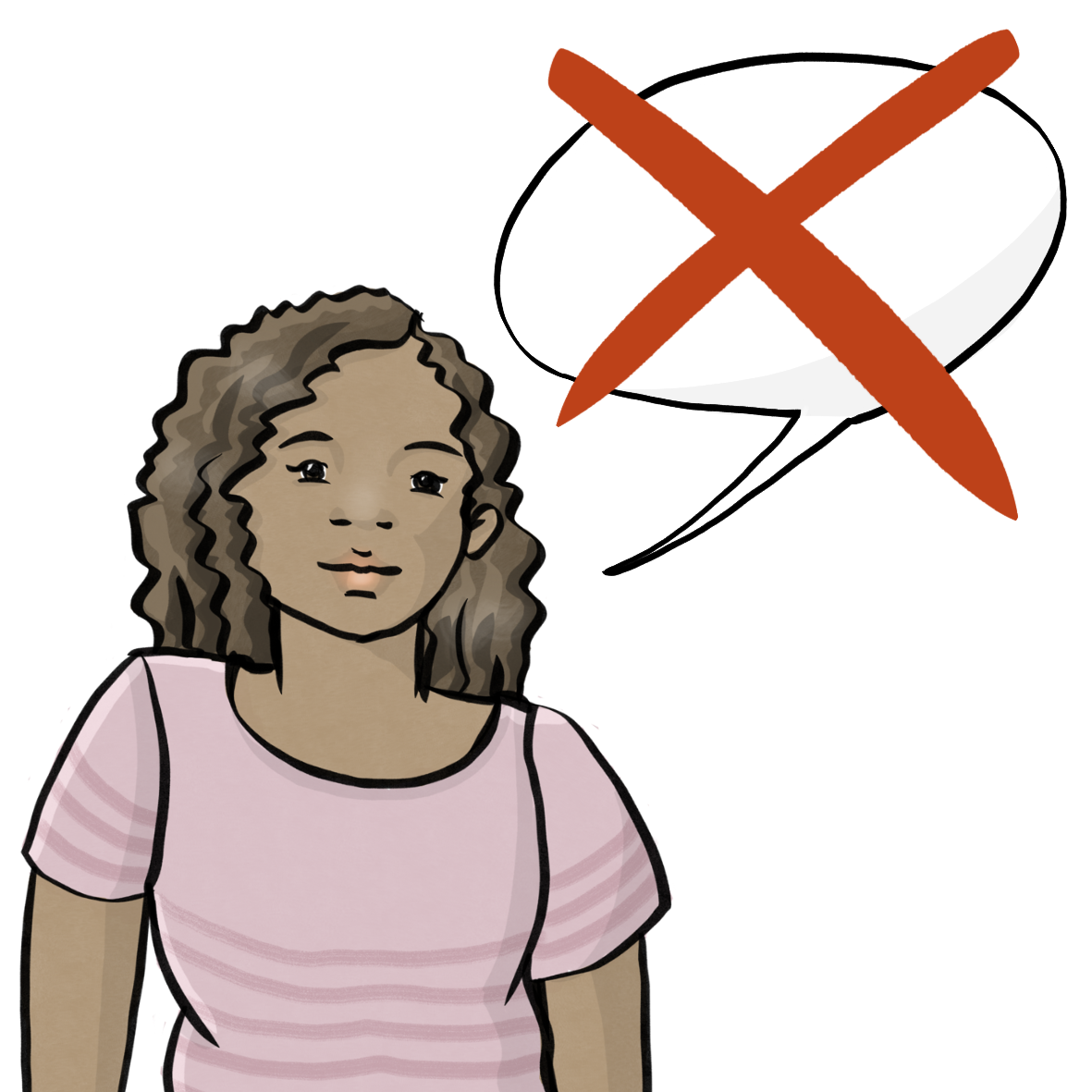 Eine Frau mit einer Sprechblase. Die Sprechblase ist durchgestrichen.