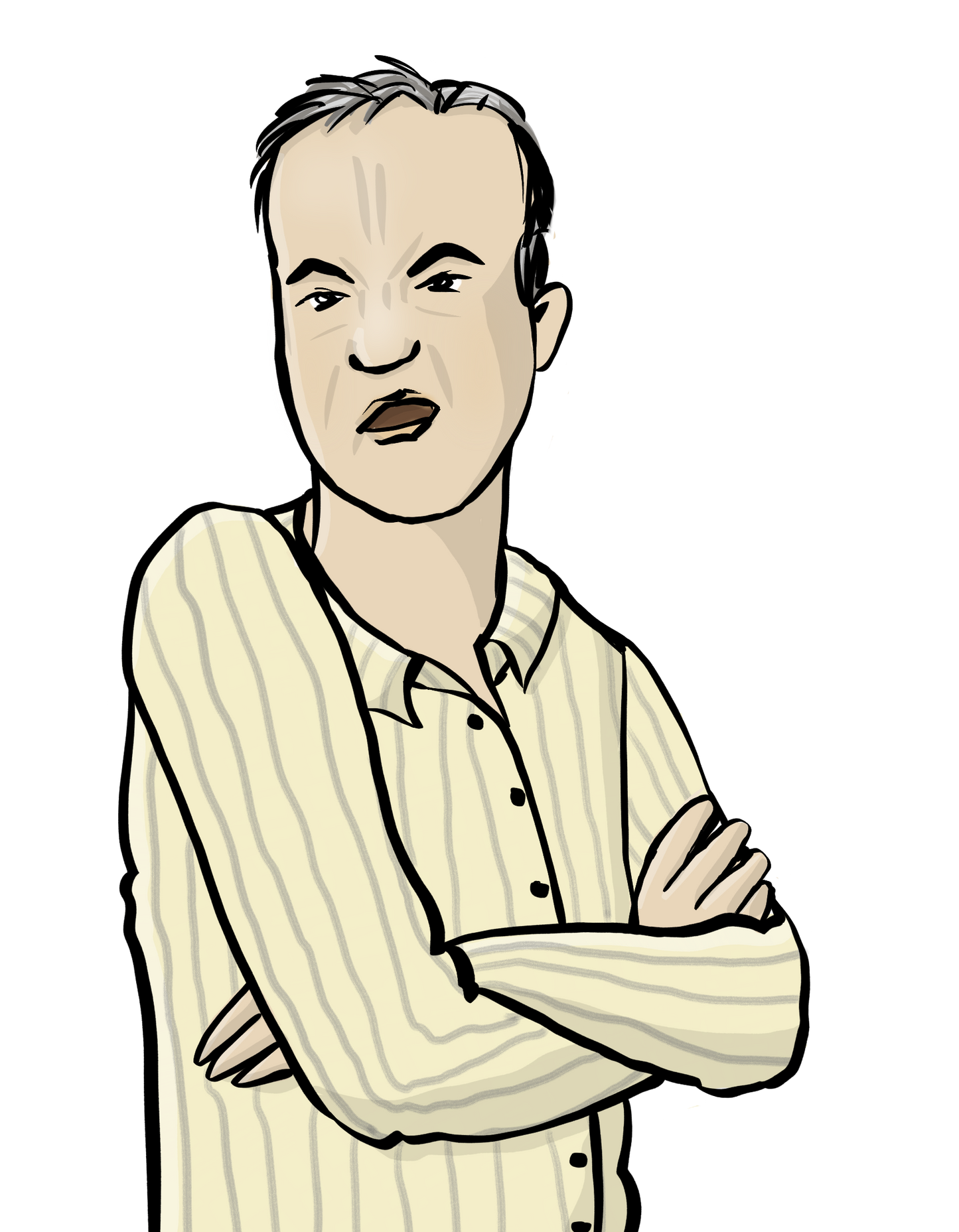 Ein Mann mit verschränkten Armen. Er schaut verächtlich.