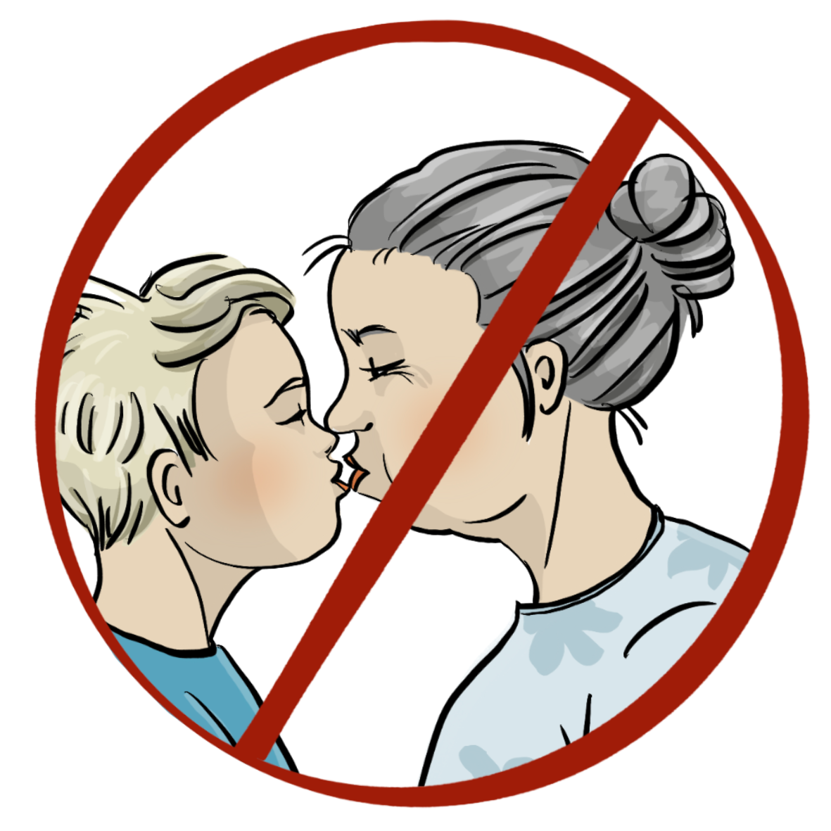 Eine Oma küsst ihren Enkel. Das Bild ist durchgestrichen.