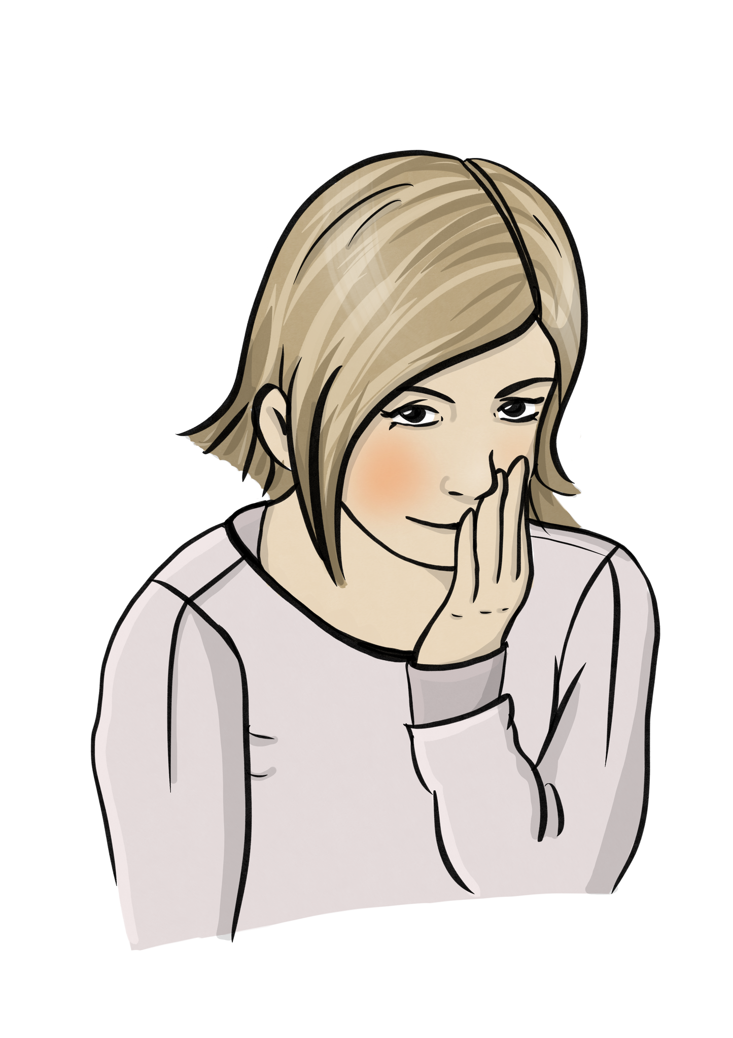 Eine Frau hält den Kopf gesenkt und bedeckt den Mund mit der Hand. Ihre Wangen sind gerötet.