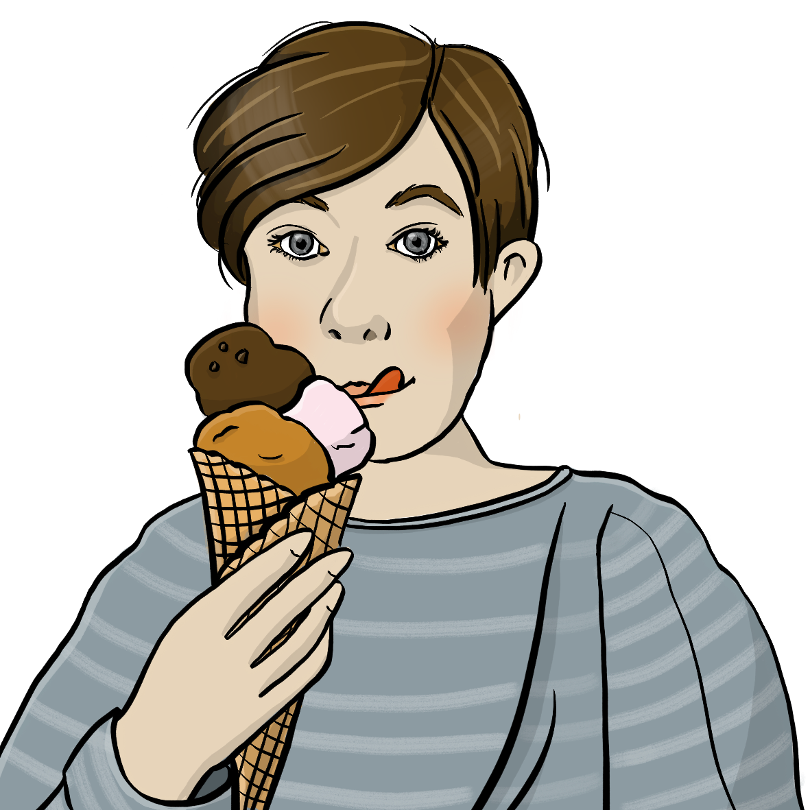 Eine Frau hält ein Eis in der Hand und leckt sich über die Oberlippe.