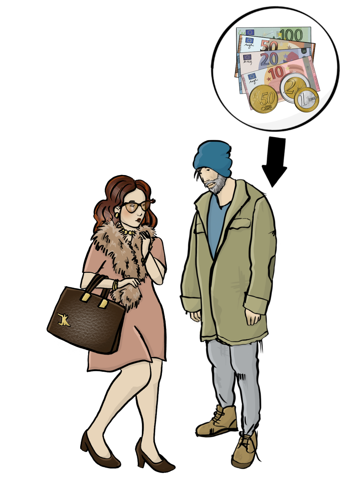Ein Mann und eine Frau. Die Frau trägt einen Pelzkragen, eine schicke Handtasche und hochhackige Schuhe. Der Mann trägt einen zerschlissenen Parka und eine Mütze. Über dem Bild ist ein Kreis mit Geld. Von dem Geld zeigt ein Pfeil auf den Mann.