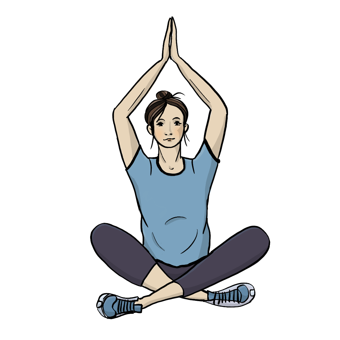 Eine Frau sitzt im Schneidersitz. Sie hat die Arme nach oben gestreckt, die Handflächen aneinander gelegt.