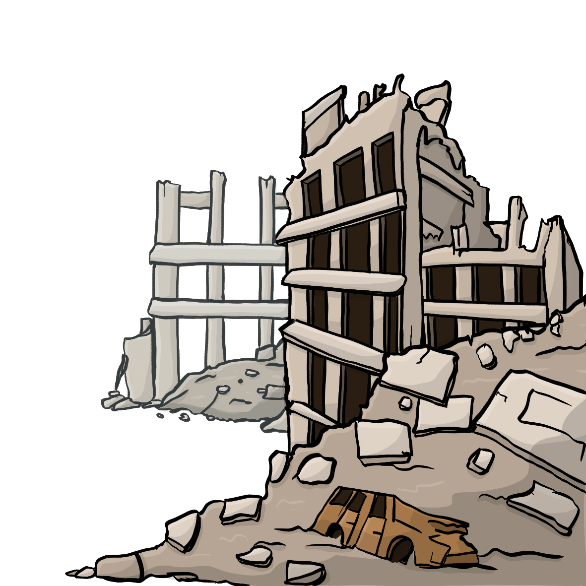 Zerstörte Gebäude. Davor ist ein Haufen Schutt.