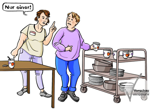 Ein Mann nimmt einen Joghurt von einem Speisewagen. Eine Frau zeigt auf einen leeren Joghurtbecher auf einem Tisch. In einer Sprechblase steht: Nur einer.