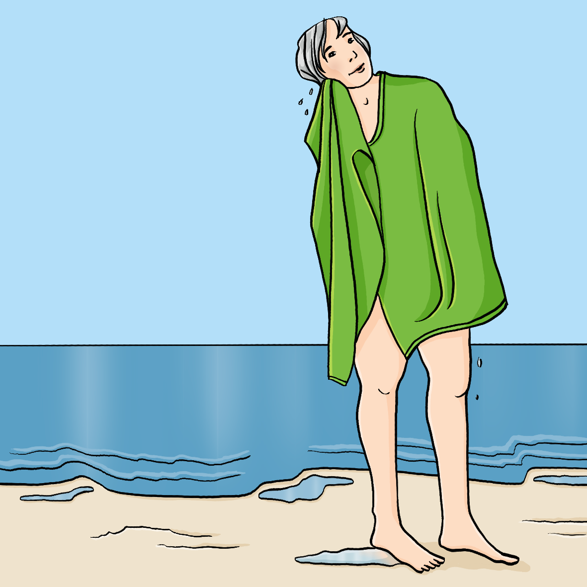 Eine Frau ist in ein Handtuch gewickelt. Aus ihren Haaren fallen Wassertropfen. Im Hintergrund ist das Meer. 