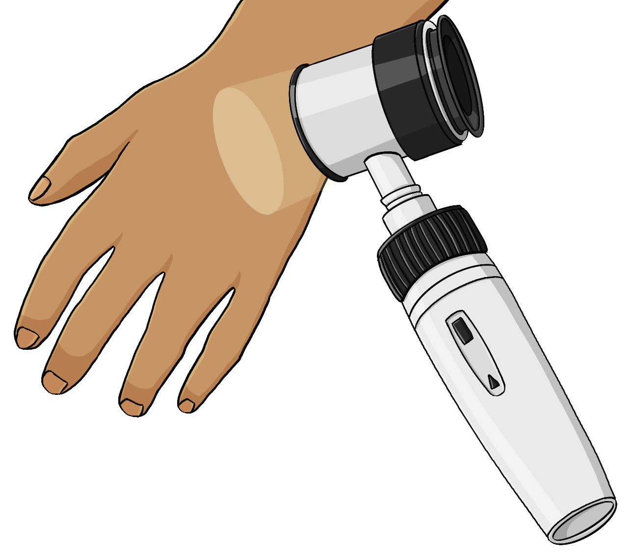 Ein Auflichtmikroskop leuchtet auf einen Handrücken. 