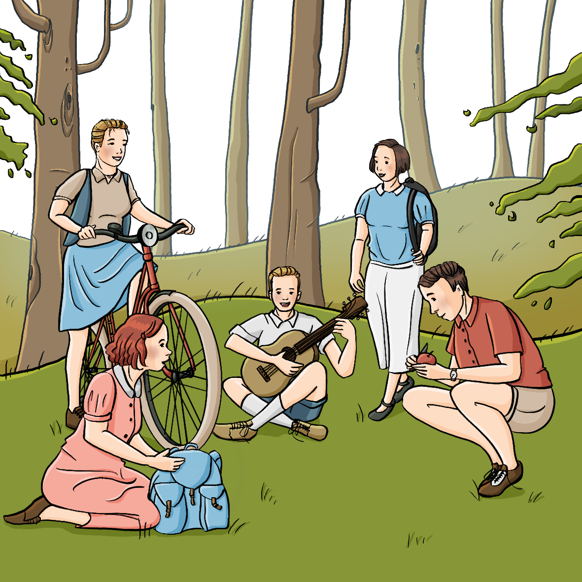 Eine Gruppe Jugendliche in Kleidung der 40er Jahre auf einer Waldlichtung. Sie haben Rucksäcke dabei. Ein Mädchen hält ein Fahrrad, ein Junge spielt Gitarre, ein Junge schält einen Apfel.