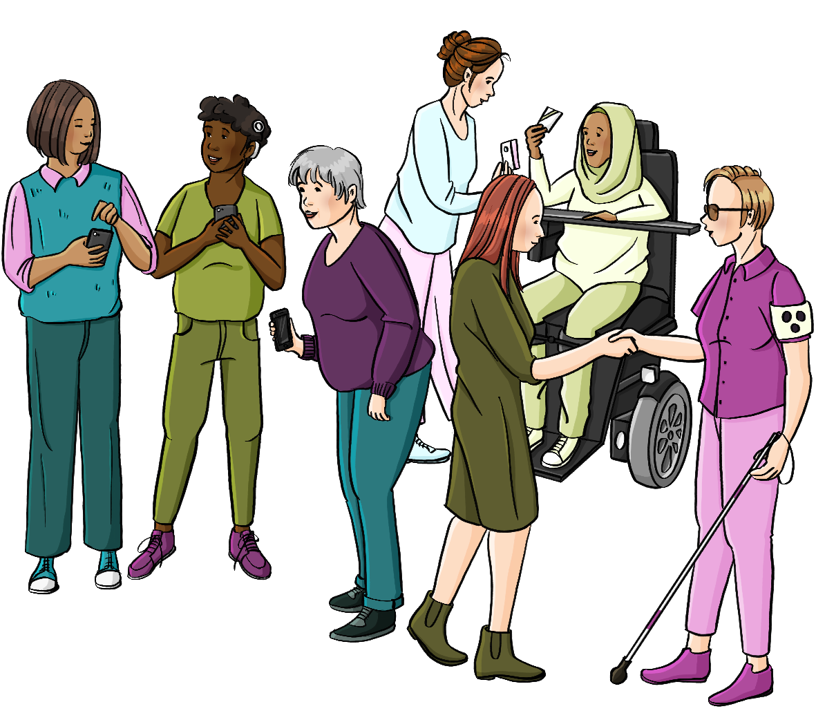 Eine Gruppe Frauen mit und ohne Behinderungen. Sie geben sich die Hand, tauschen Visitenkarten aus oder schreiben in ihr Smartphone.