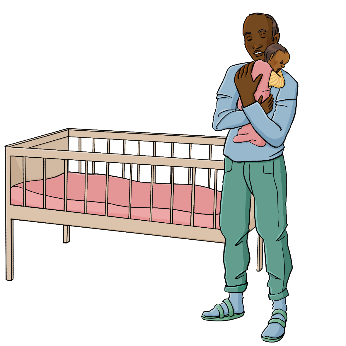 Ein Mann hält ein weinendes Baby auf dem Arm. Er steht vor einem Gitterbett.