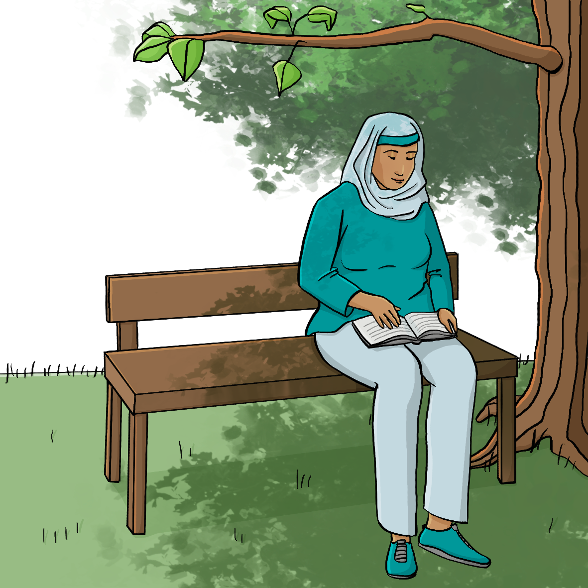 Eine Frau mit Kopftuch sitzt auf einer Bank im Schatten eines Baumes. Auf ihrem Schoß liegt ein Buch. 