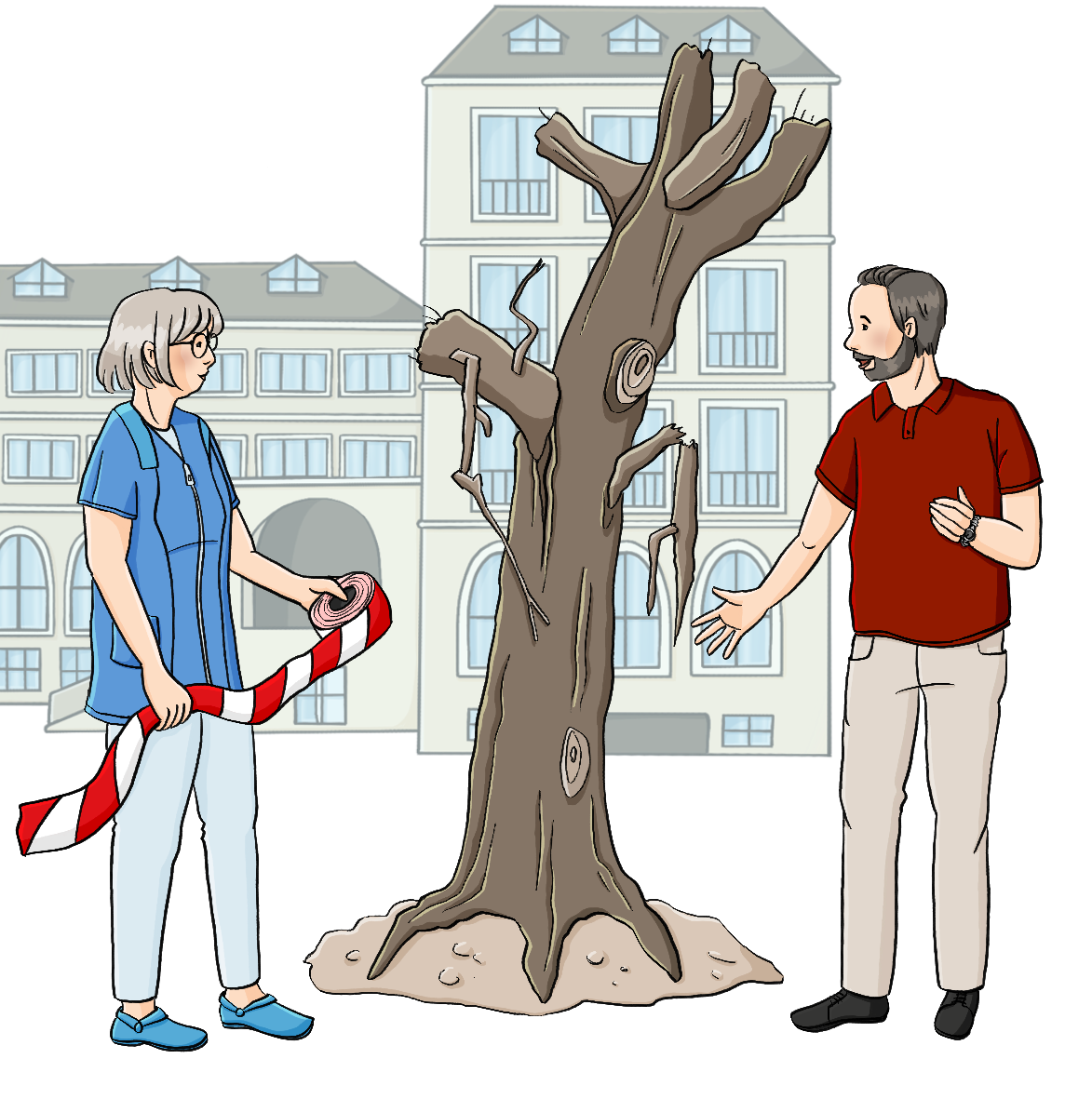 Ein Mann und eine Frau stehen neben einem morschen Baum. Der Mann zeigt auf den Baum, die Frau hält eine Rolle Absperrband in der Hand. Im Hintergrund ist ein Schulgebäude.