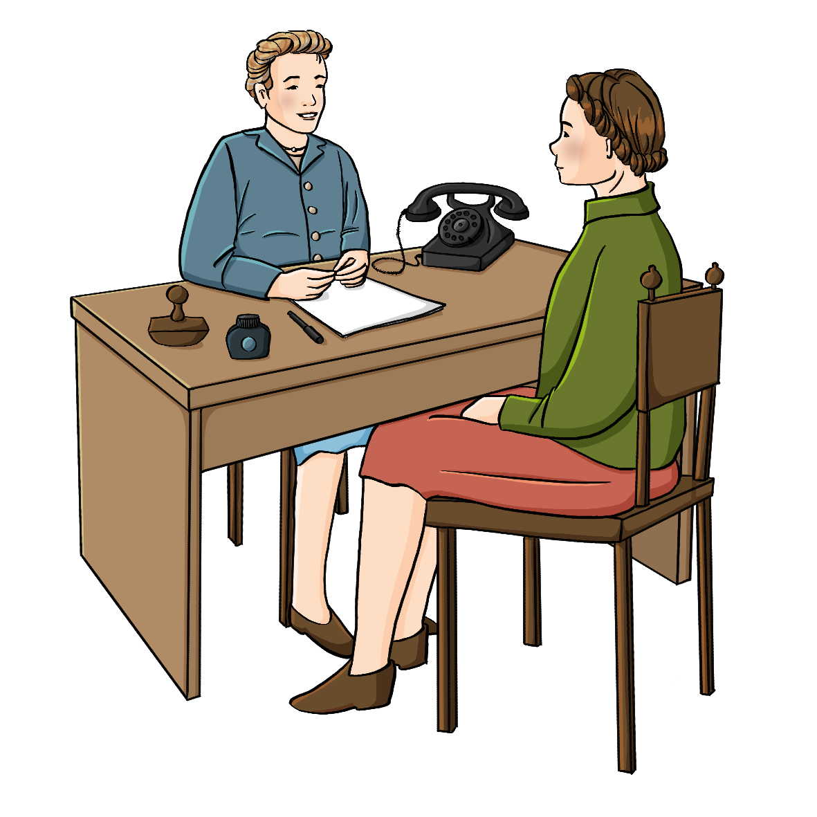 Zwei Frauen in Kleidung der 40er Jahre sitzen an einem Schreibtisch gegenüber. Auf dem Schreibtisch sind Papiere und Tintenfass und ein altmodisches Telefon.