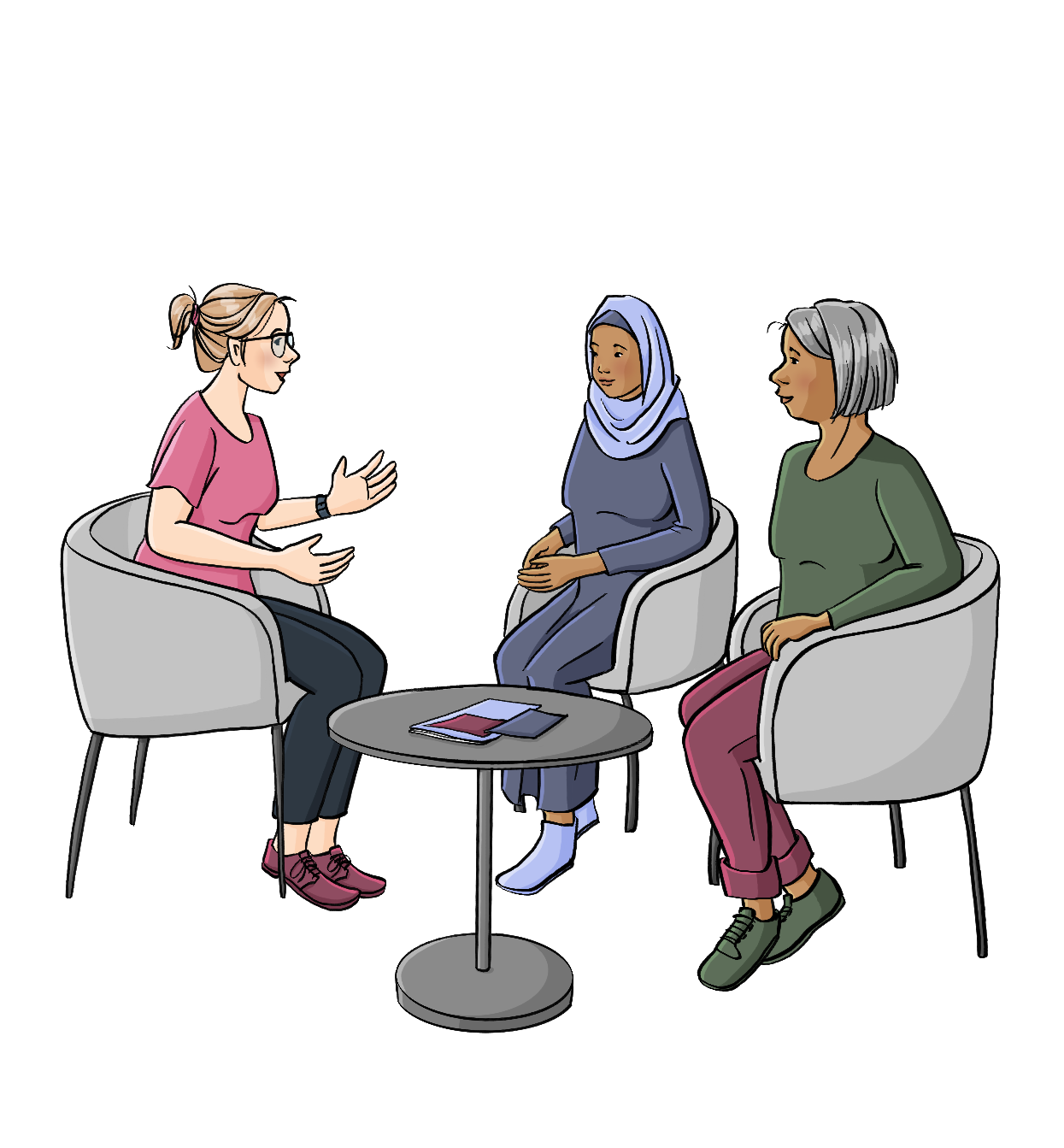 Eine Beraterin und zwei andere Frau sitzen sich in Sesseln gegenüber. Ein Frau trägt ein Kopftuch. Zwischen den Sesseln steht ein kleiner Tisch mit Info-Heften. 
