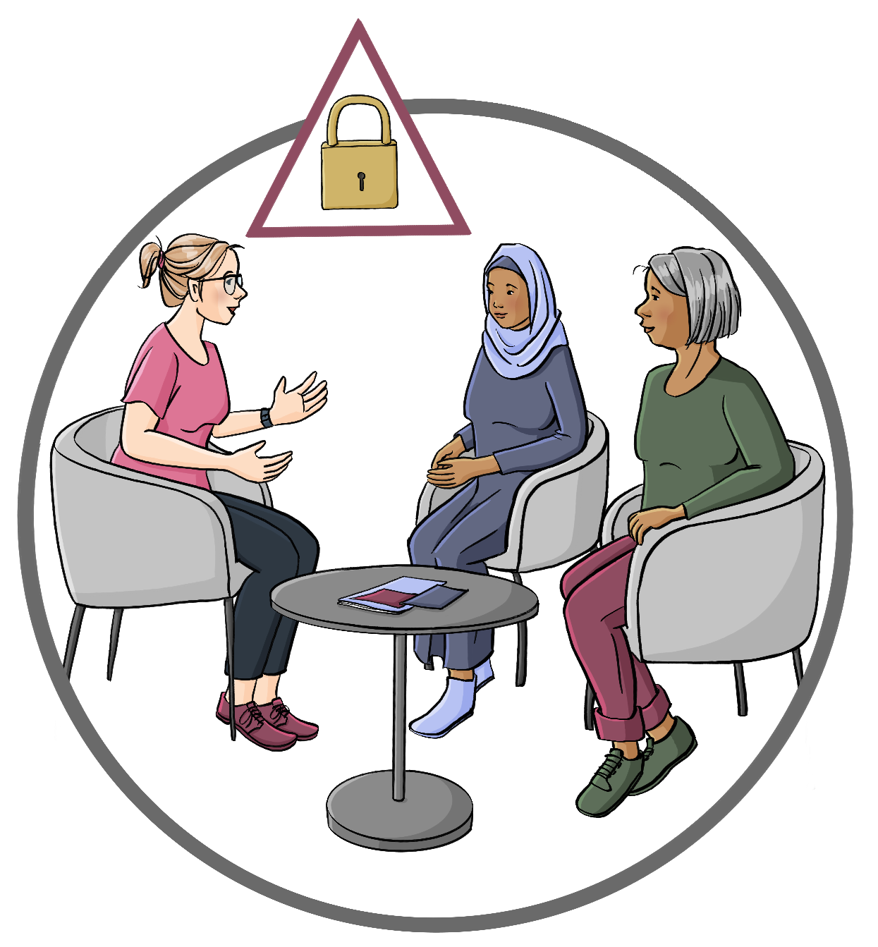 Eine Beraterin und zwei andere Frauen sitzen sich in Sesseln gegenüber. Eine Frau trägt ein Kopftuch. Zwischen den Sesseln steht ein kleiner Tisch mit Info-Heften. Über dem Bild ist ein rotes Dreieck mit einem Vorhängeschloss.