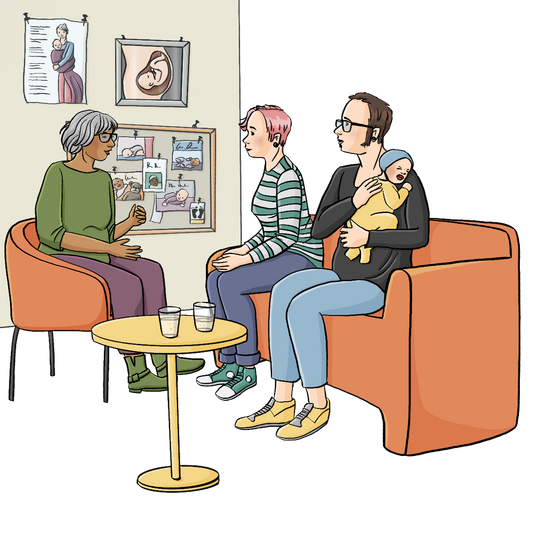 Eine Frau sitzt auf einem Sessel, gegenüber sitzen ein Mann und eine Frau auf einem Sofa. Der Mann hat ein schreiendes Baby auf dem Arm. In der Mitte steht ein Tisch mit Wassergläsern. An der Wand hängt eine Pinnwand mit Babyfotos, ein Bild von einer Frau mit einem Baby im Tragetuch und ein Bild von einem Baby im Bauch der Mutter.