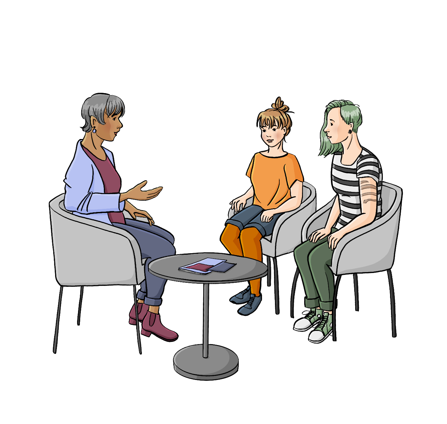 Eine Beraterin und zwei junge Frauen sitzen sich in Sesseln gegenüber. Eine Frau trägt ein Kopftuch. Zwischen den Sesseln steht ein kleiner Tisch mit Info-Heften. 