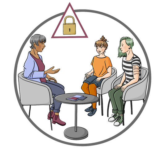 Eine Beraterin und zwei junge Frauen sitzen sich in Sesseln gegenüber. Zwischen den Sesseln steht ein kleiner Tisch mit Info-Heften. Über dem Bild ist ein rotes Dreieck mit einem Vorhängeschloss.