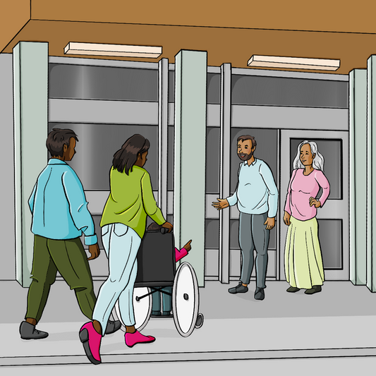 Ein Mann und eine Frau schieben ein Kind im Rollstuhl auf eine Eingangstür zu. Vor der Tür stehen ein Mann und eine Frau und lächeln.