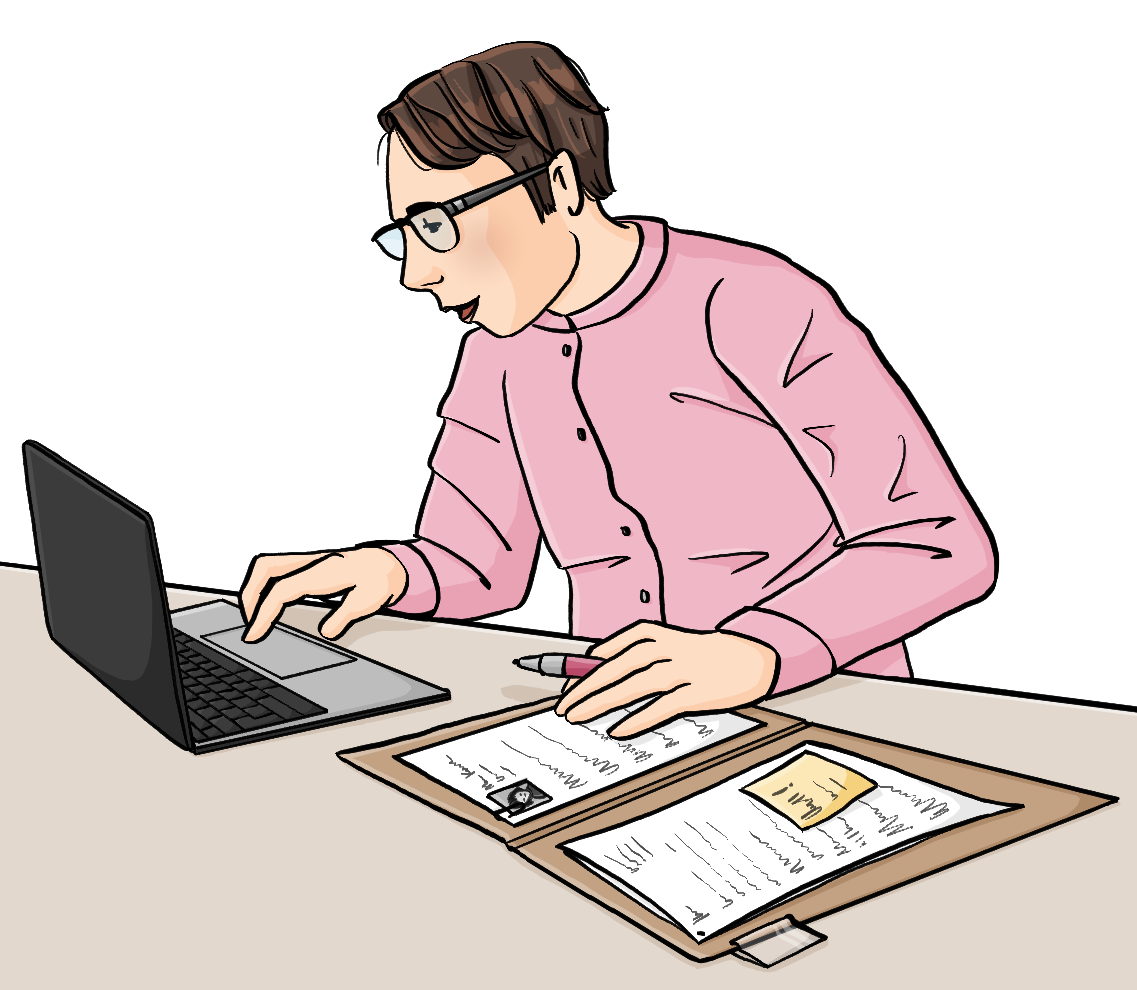 Ein Mann sitzt an einem Schreibtisch und schreibt auf einem Laptop. Neben ihm liegt eine aufgeschlagene Akte. 