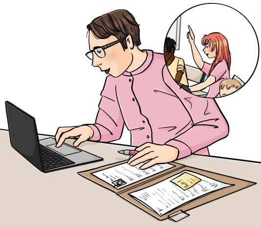 Ein Mann sitzt an einem Schreibtisch und schreibt auf einem Laptop. Neben ihm liegt eine aufgeschlagene Akte. Neben dem Bild ist ein Kreis mit einem Mädchen, dass sich meldet.