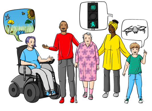 Eine Gruppe Menschen mit Sprechblasen. In den Sprechblasen sind eine Blumenwiese, eine Fußgängerampel mit Sekundenzähler und eine Drohne.