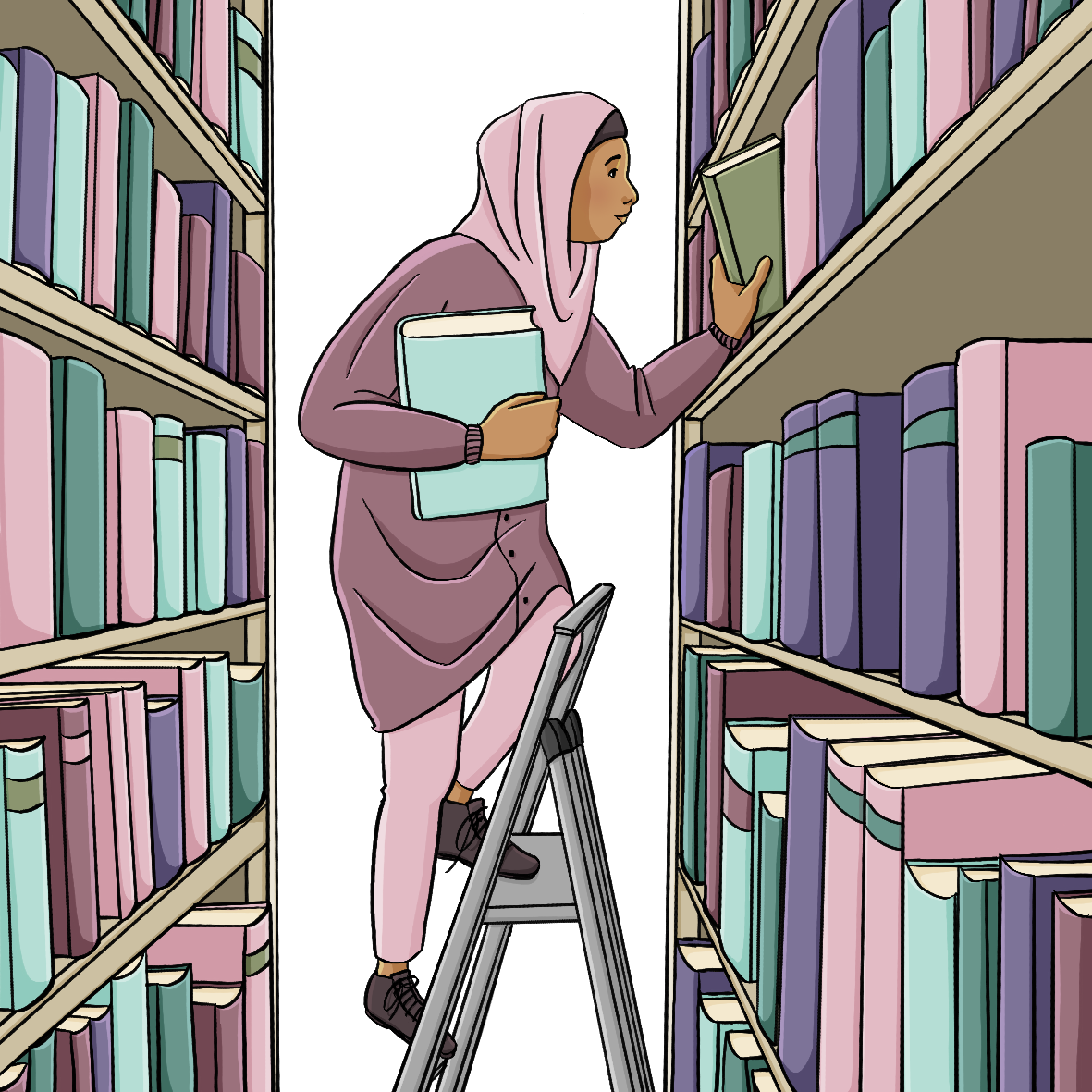 Eine Frau steht auf einer Leiter und ordnet Bücher in ein Regal ein.