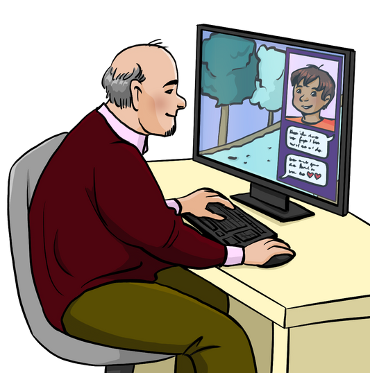 Ein älterer Mann sitzt am Computer. Auf dem Bildschirm ist ein Bild von einem Kind und Sprechblasen mit Text und Herzchen.
