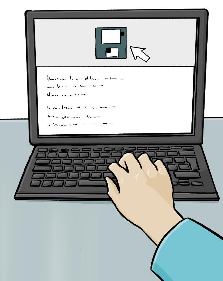 Eine Hand über der Tastatur eines Laptops. Auf dem Laptopbildschirm sind Text, ein Disketten-Zeichen und ein Mauszeiger.