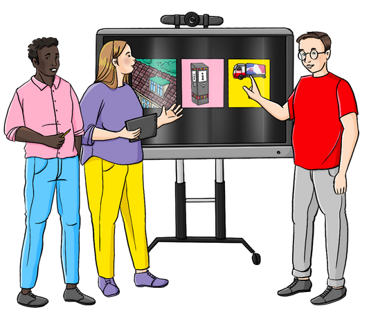 Zwei Männer und eine Frau zeigen auf ein Smartboard mit verschiedenen Symbolen.