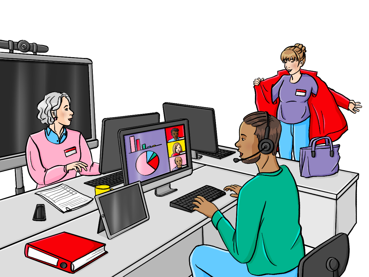 Ein Mann und eine Frau sitzen sich an Schreibtischen gegenüber und arbeiten am Computer. Der Mann ist in einer Videokonferenz. Eine dritte Frau zieht gerade ihre Jacke aus. Im Hintergrund ist ein Smartboard.