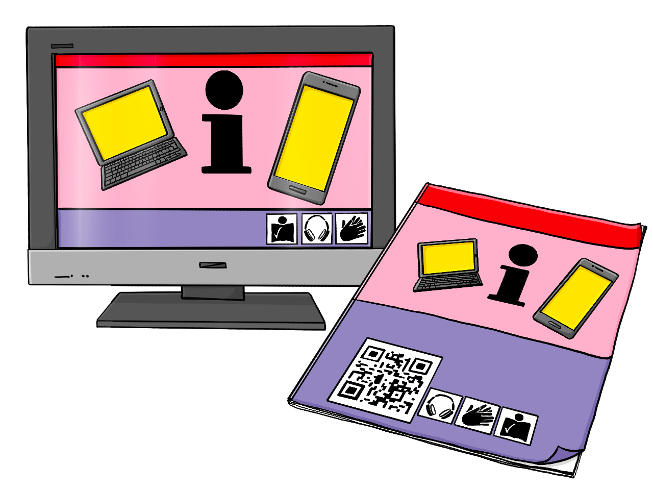 Ein Computerbildschirm und ein Infoheft. Auf beiden sind Abbildungen von einem Handy und einem Laptop sowie ein Infozeichen. Außerdem Ein Symbol für Leichte Sprache, ein Kopfhörersymbol und ein Gebärdensprach-Symbol. Auf dem Infoheft ist zusätzlich ein QR-Code. 