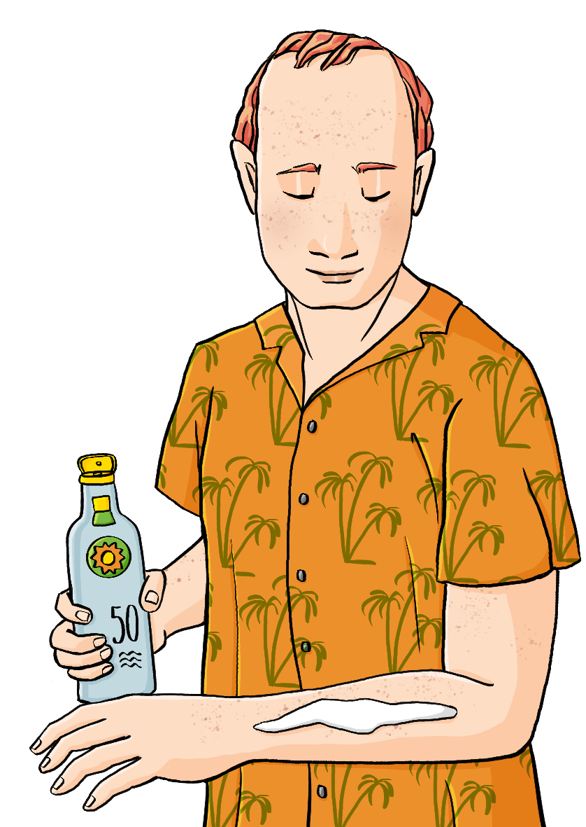 Ein Mann hält eine Flasche Sonnencreme in der rechten Hand. Auf dem rechten Unterarm ist ein großer Klecks Creme.
