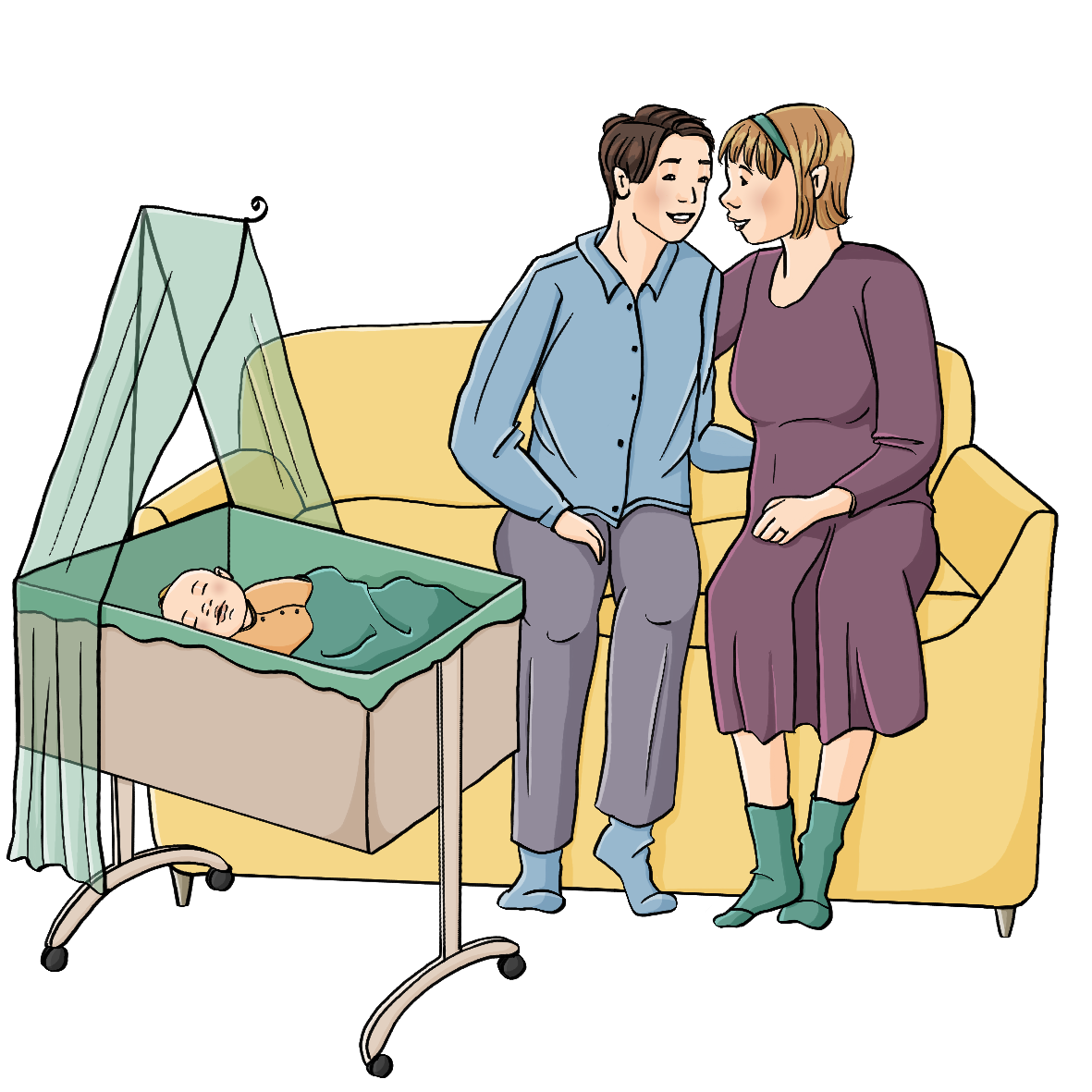 Ein Mann und eine Frau sitzen auf einem Sofa und halten sich im Arm. Neben dem Sofa steht ein Stubenwagen mit einem Baby.