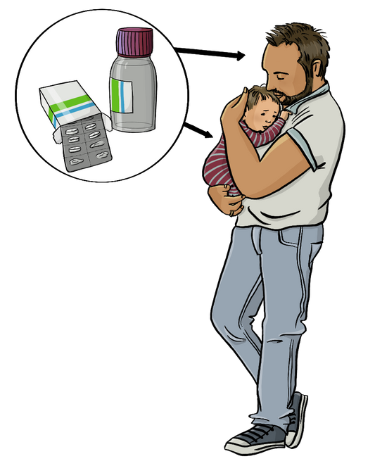 Ein Mann hält ein Baby auf dem Arm. Daneben ist ein Bild von Medikamenten. Pfeile zeigen von den Medikamenten auf den Mann und auf das Baby. 