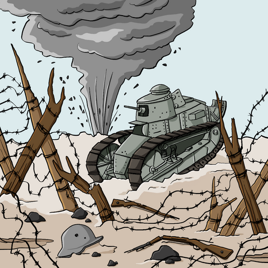 Ein Panzer auf einem Schlachtfeld, im Hintergrund ist eine Rauchsäule. Auf dem Schlachtfeld sind Pfähle mit Stacheldraht, Gewehre und und ein Stahlhelm.