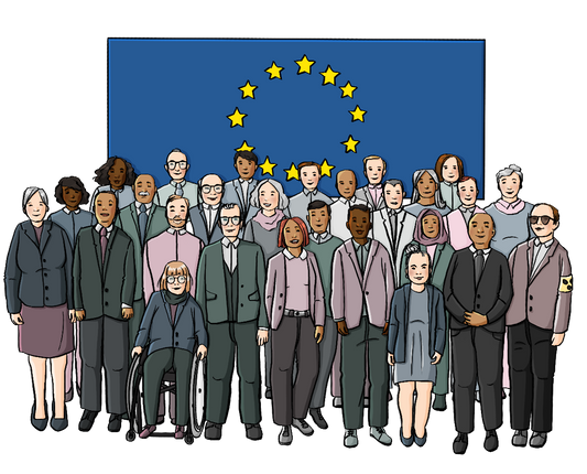 Eine große Gruppe Männer und Frauen in förmlicher Kleidung. Im Hintergrund ist die Europaflagge: 12 kreisförmig angeordnete gelbe Sterne auf blauem Grund.