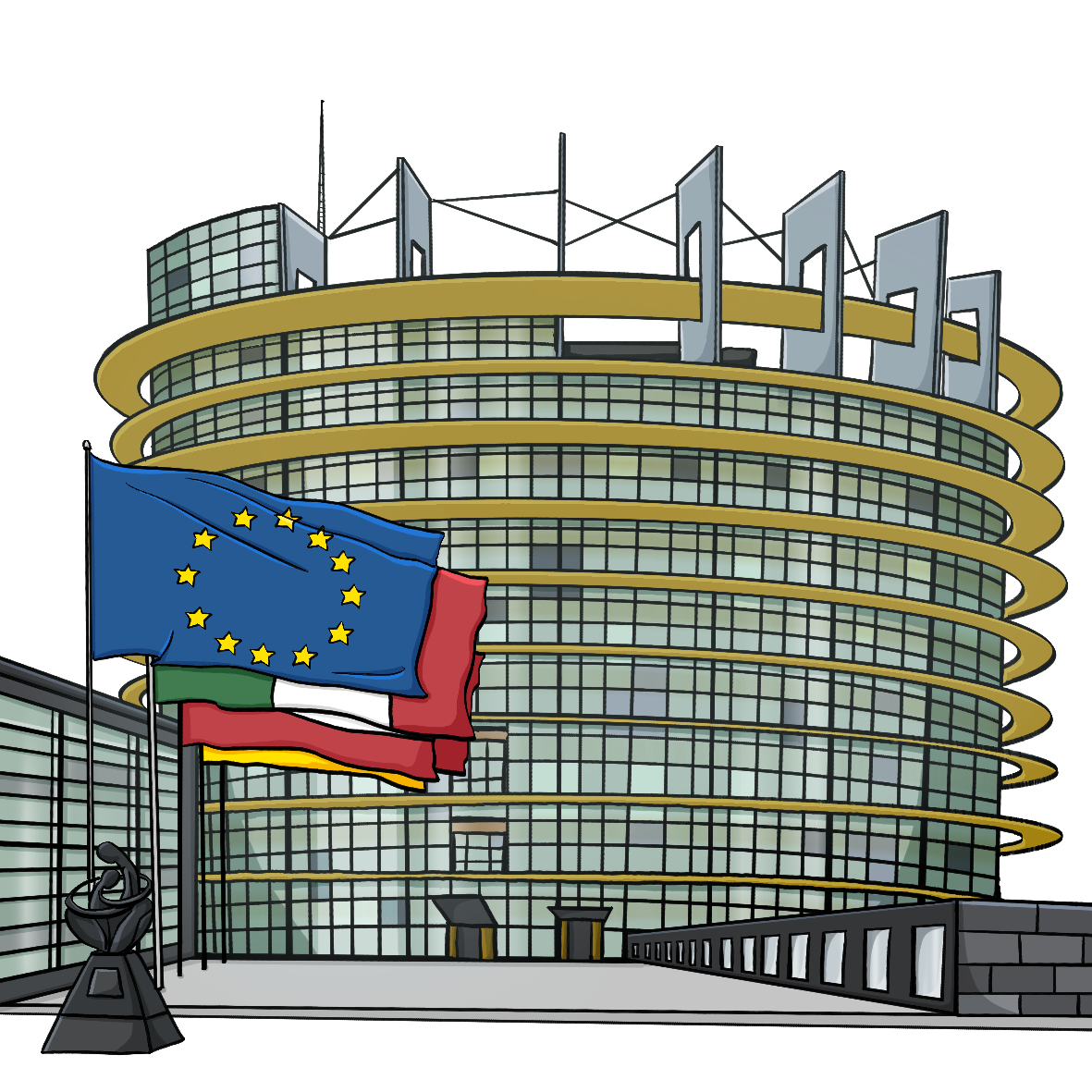 Eine großes Zylinderförmiges Gebäude. Im Vordergrund stehen eine Reihe von Flaggen. Ganz vorne ist die Europa-Flagge.