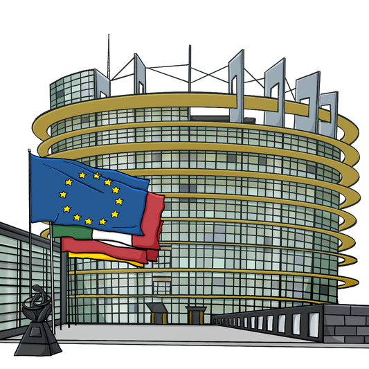 Eine großes Zylinderförmiges Gebäude. Im Vordergrund stehen eine Reihe von Flaggen. Ganz vorne ist die Europa-Flagge.