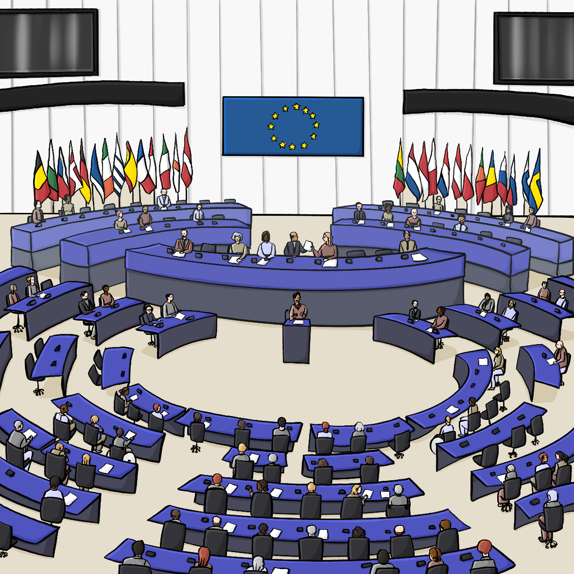Menschen sitzen an mehreren Reihen bogenförmiger Tische. Vorne steht eine Person an einem Rednerpult. Im Hintergrund stehen viele verschiedene Flaggen. An der Wand hängt die Europaflagge.