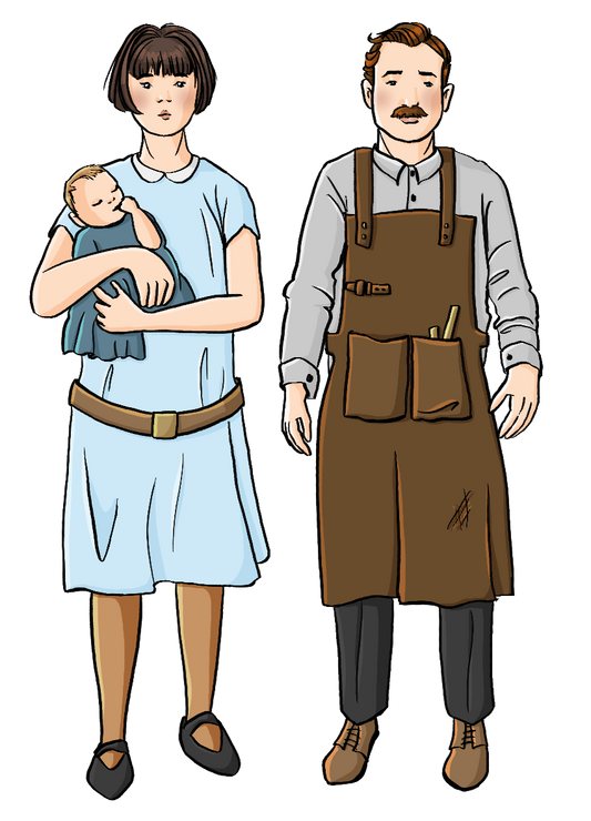 Eine Frau mit einem Baby auf dem Arm und ein Mann. Die Frau trägt ein Kleid im Stil der 20er Jahre. Der Mann trägt eine Arbeitsschürze aus Leder.&nbsp;